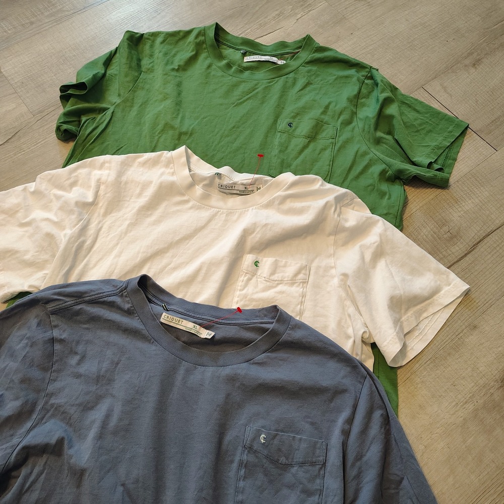 Lot of 3 Criquet Mens XL Pocket T-Shirts Blue White Green Cotton Golf 1922 Logo